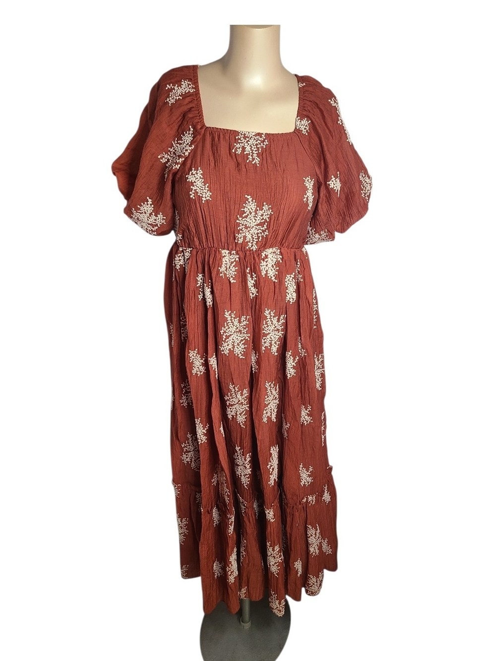 Polagram Rust Embroidered Tiered Maxi Dress Square Neck Boho Small